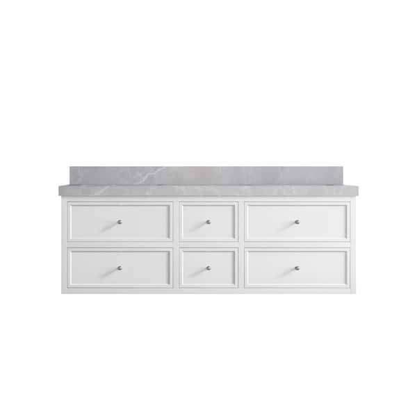 Willow Collections Roswell Floating 60 in. Double Sink Freestanding White Bath Vanity with Pearl Gray Qt. Top Unassembled