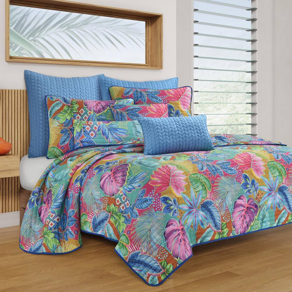 Blue Twin Microfiber Tropical Plant Quilt Set
