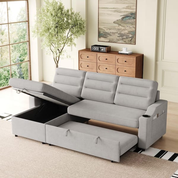 aisword Light Grey 83.5" Convertible Polyester Sleeper Full Size Sofa Bed with Pullout Bed, Storage Recliner & Cup Holders