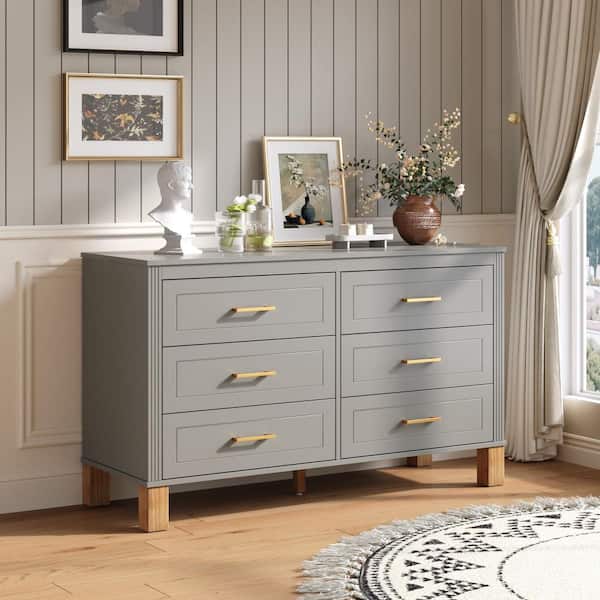 grey dresser with gold knobs Seafuloy 47.24 in. W Gray 6 Chest of Drawers Double Dresser/Storage Cabinet  with Metal Handles & Solid Wood Legs LAF-4558gray