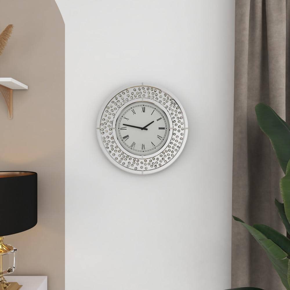 20" White Mirrored Wall Clock with Floating Crystals