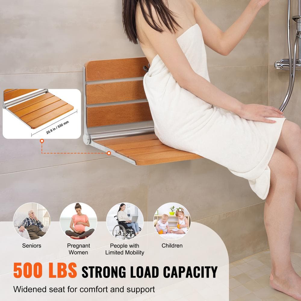 Wall-Mounted Teak Wood Folding Shower Bench, 20.9 x 16 inches