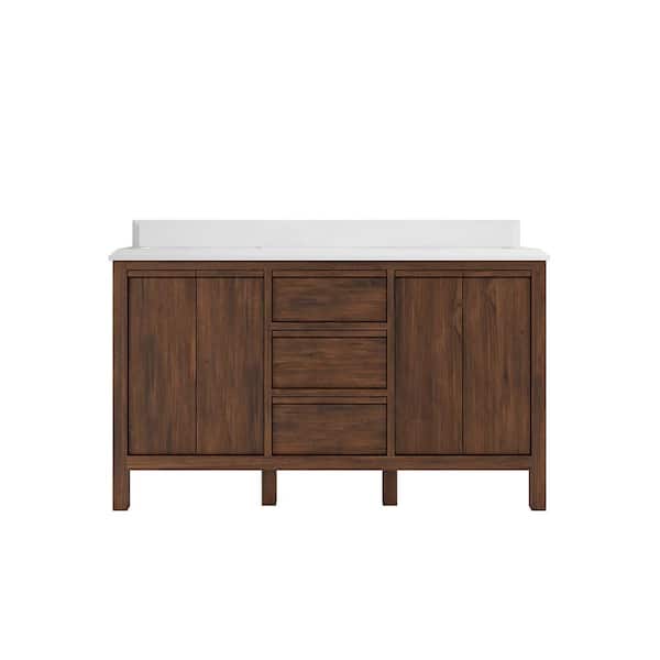 Willow Collections Elizabeth Teak 60 in. W x 22 in. D x 36 in. H Double Sink Bath Vanity in Dark Walnut with 1.5" White Quartz Top