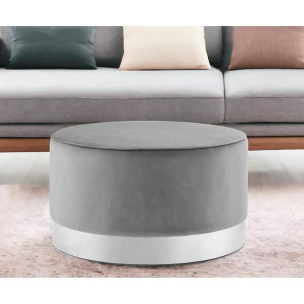 HomeRoots Gray Velvet Round Accent Ottoman 2000490602 - The Home Depot