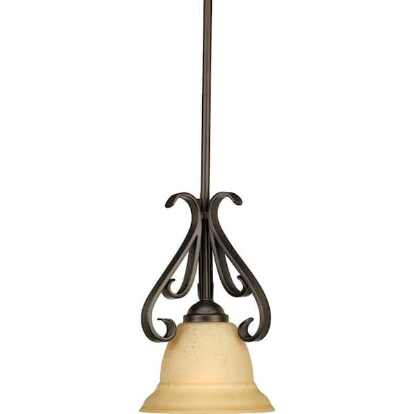 Progress Lighting Torino 1-Light Forged Bronze Kitchen Island Mini Pendant with Tea-Stained Glass