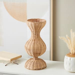 Brown Handmade Woven Hourglass Rattan Decorative Vase with Dome Base