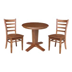 Aria Distressed Oak Solid Wood 30 in. Round Top Pedestal Dining Table Set with 2 Emily Chairs, Seats 2
