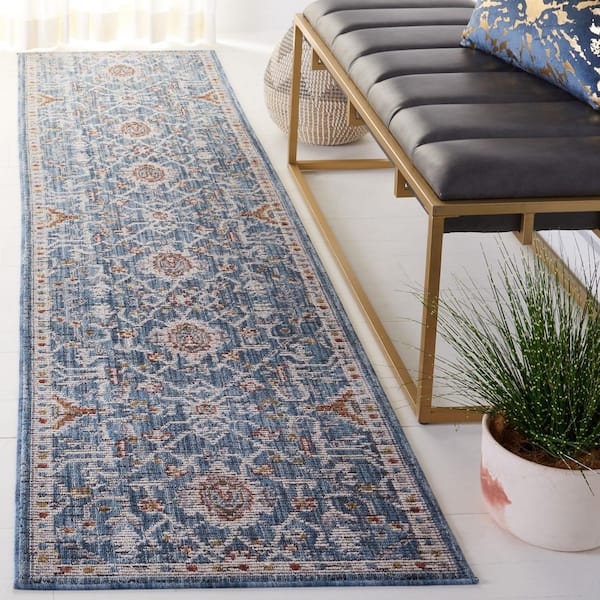 Sierra 2 ft. x 9 ft. Blue/Ivory Ornate Border Runner Rug