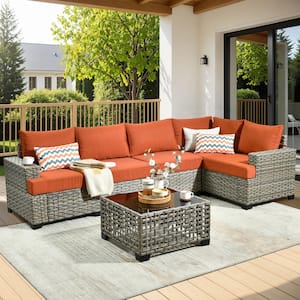 Tiberte Gray 6-Piece Wicker Patio Conversation Seating Set with Orange Red Cushions