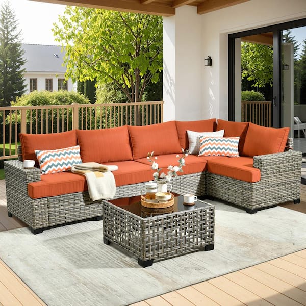 OVIOS Tiberte Gray 6-Piece Wicker Patio Conversation Seating Set with Orange Red Cushions