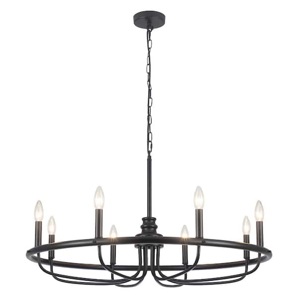 ADSENSTY 8-Light Black Dimmable Candle Style Round Wagon Wheel Chandelier for Kitchen Island with no bulbs included