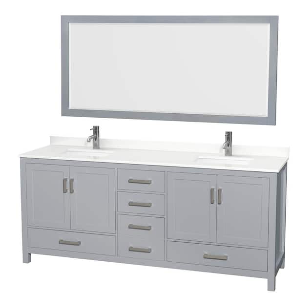 Wyndham Collection Sheffield 80 in. W x 22 in. D x 35 in. H Double Bath Vanity in Gray with White Quartz Top and 70 in. Mirror