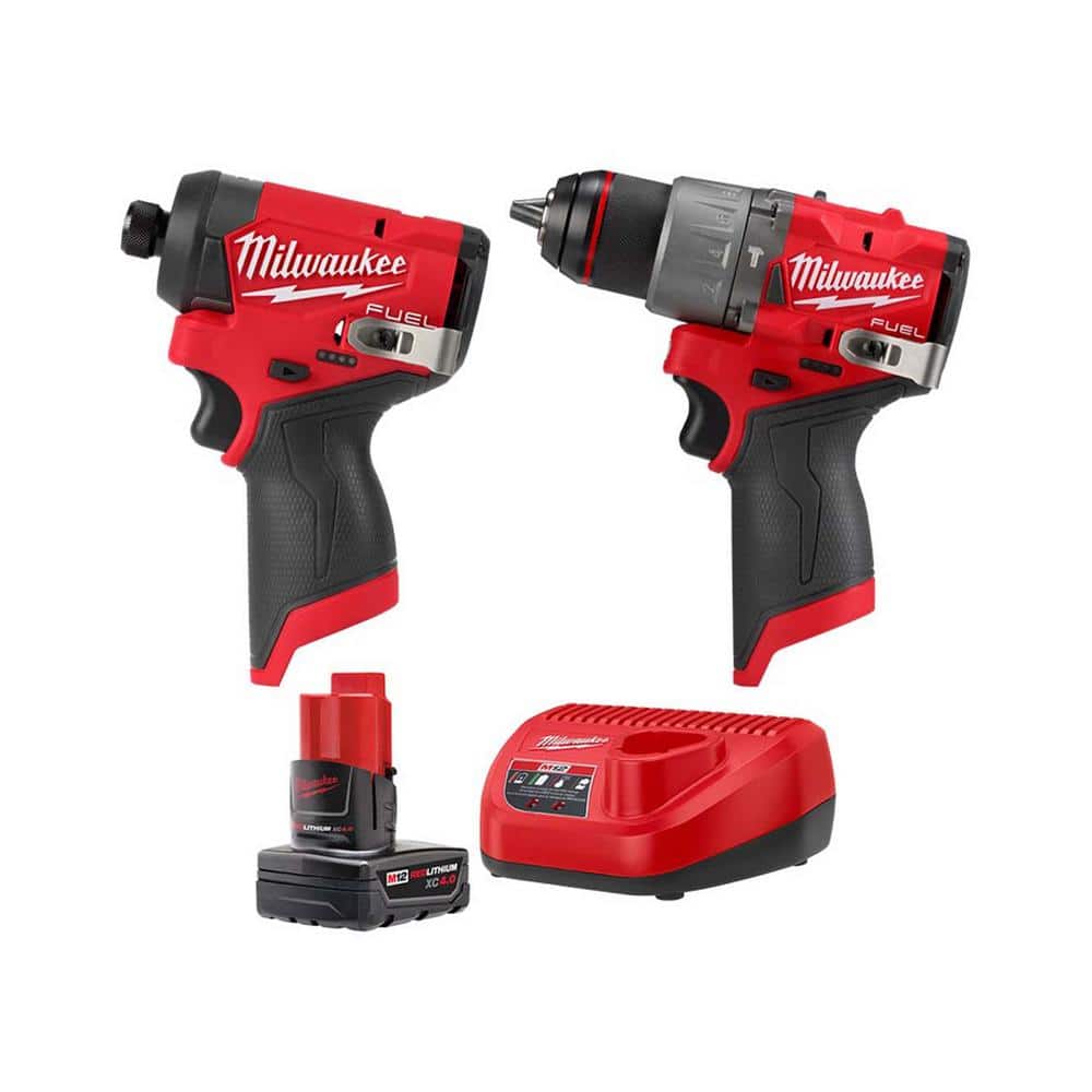 Milwaukee M12 FUEL 12V Lithium-Ion Brushless Cordless 1/2 in. Hammer Drill & M12 FUEL 1/4 in. Impact Driver w/Battery & Charger -  2440-3404-3453