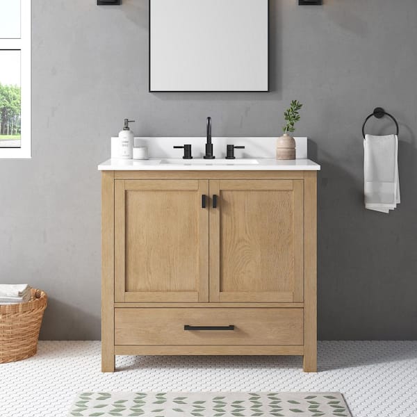 Avanity Modero 37 in. Single Sink Brushed Oak Bath Vanity with Cala White Engineered Stone Top