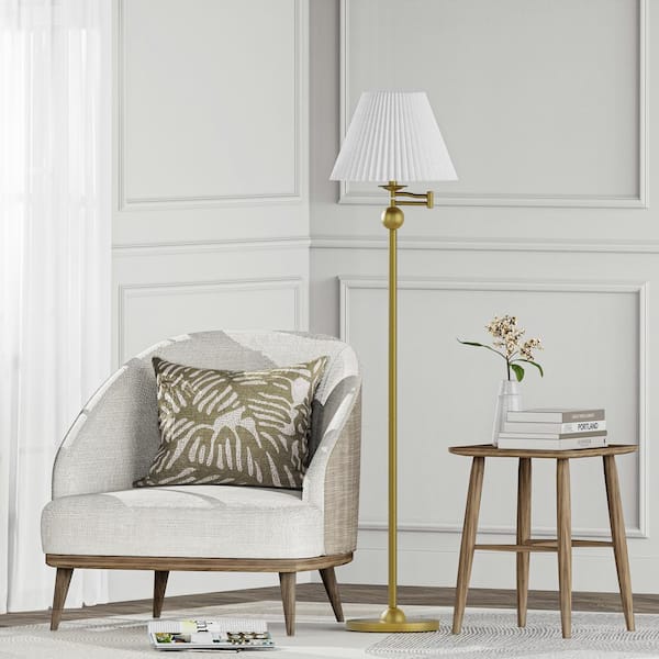 Alderston 65 in. Brass Standard Floor Lamp with White Linen Lampshade