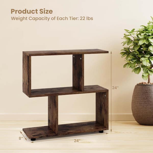 Brown 2-Tier 24 in. H Engineered Wood Bookshelf Free Standing Wooden Display S-Shaped Shelf Storage Rack