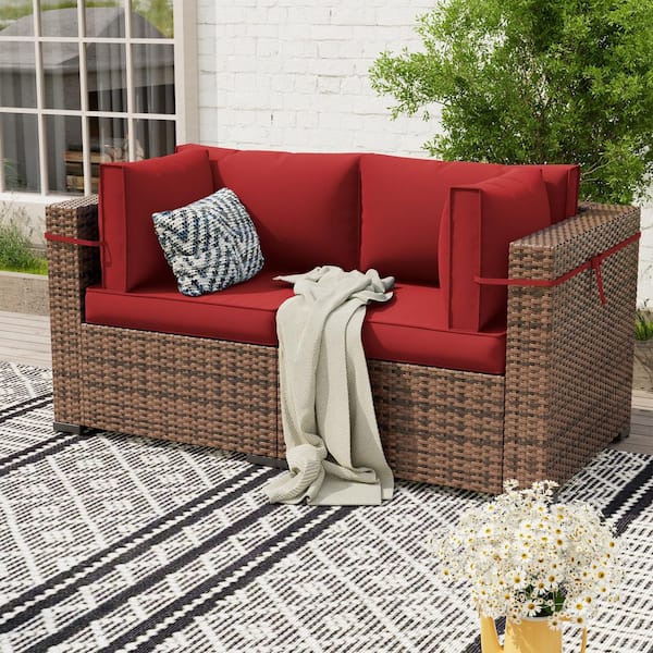Poteban Brown Wicker Outdoor Loveseat with Cushions