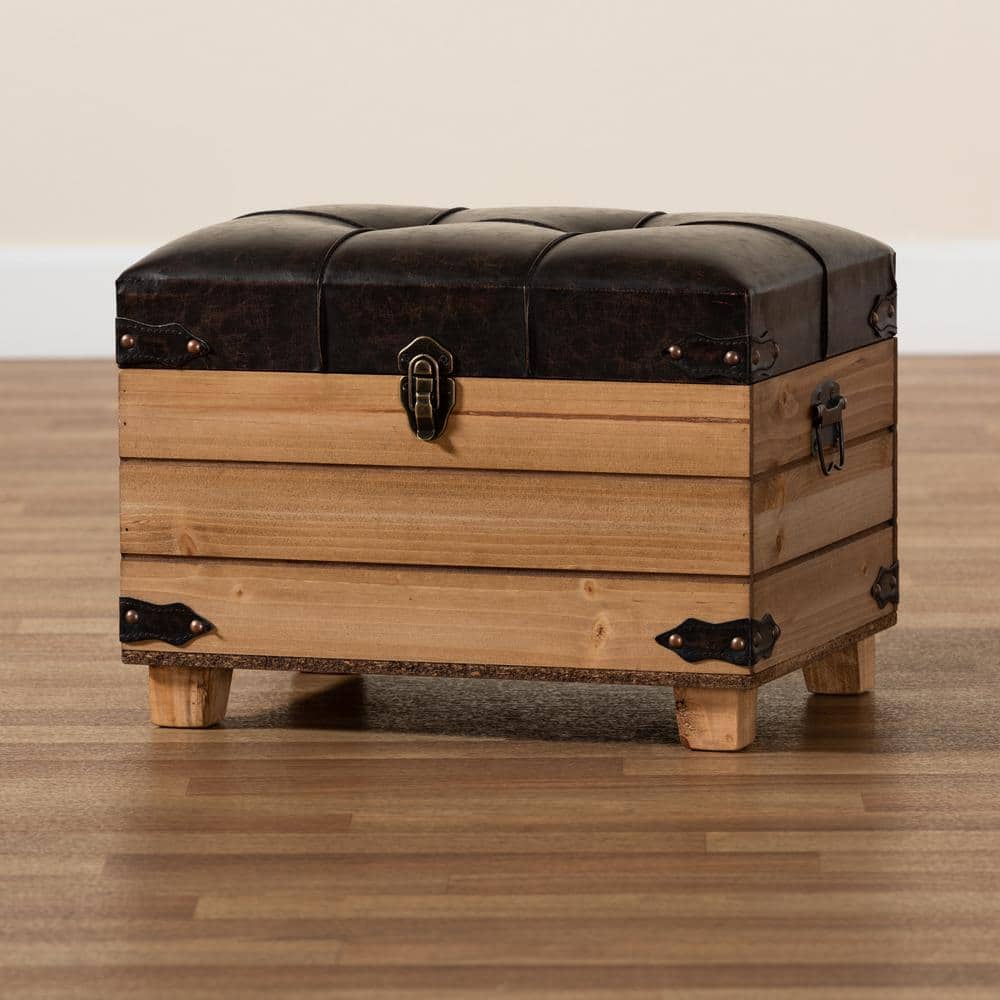 Edmund Rustic Oak Brown Faux Leather Storage Ottoman