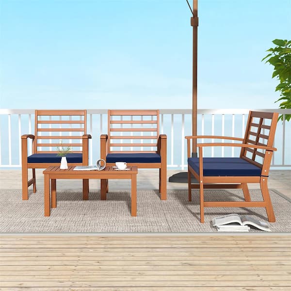Costway 4-Piece Wicker Patio Conversation Set with Navy Cushions and Stable Acacia Wood Frame