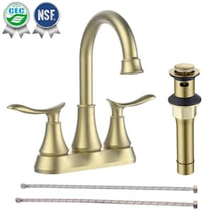 4 in. Centerset Double Handle High Arc Bathroom Faucet with Pop-up Drain in Brushed Gold