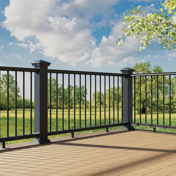 BRIO 42 in. x 96 in. (Actual: 42 in. x 94 in.) Black PVC Composite Line Railing Kit w/Round Aluminum Black Balusters