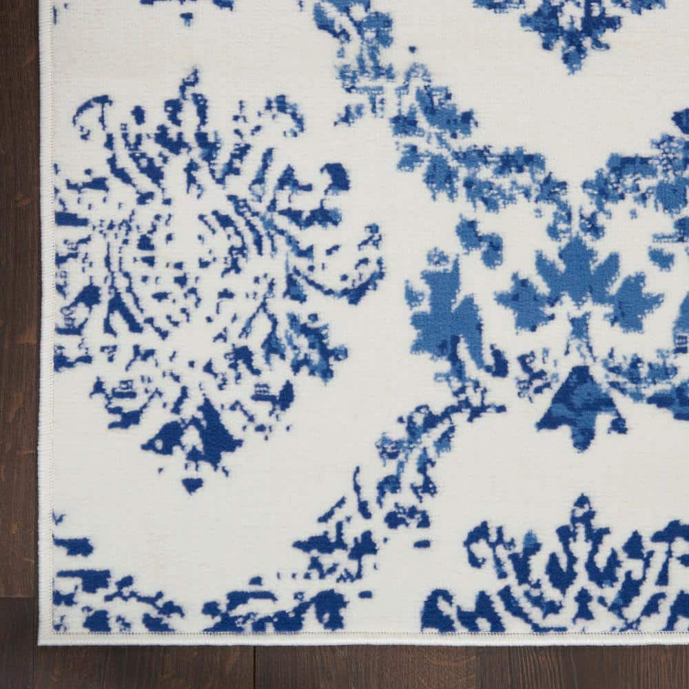 Ivory and Navy Geometric Damask 7' x 10' Area Rug