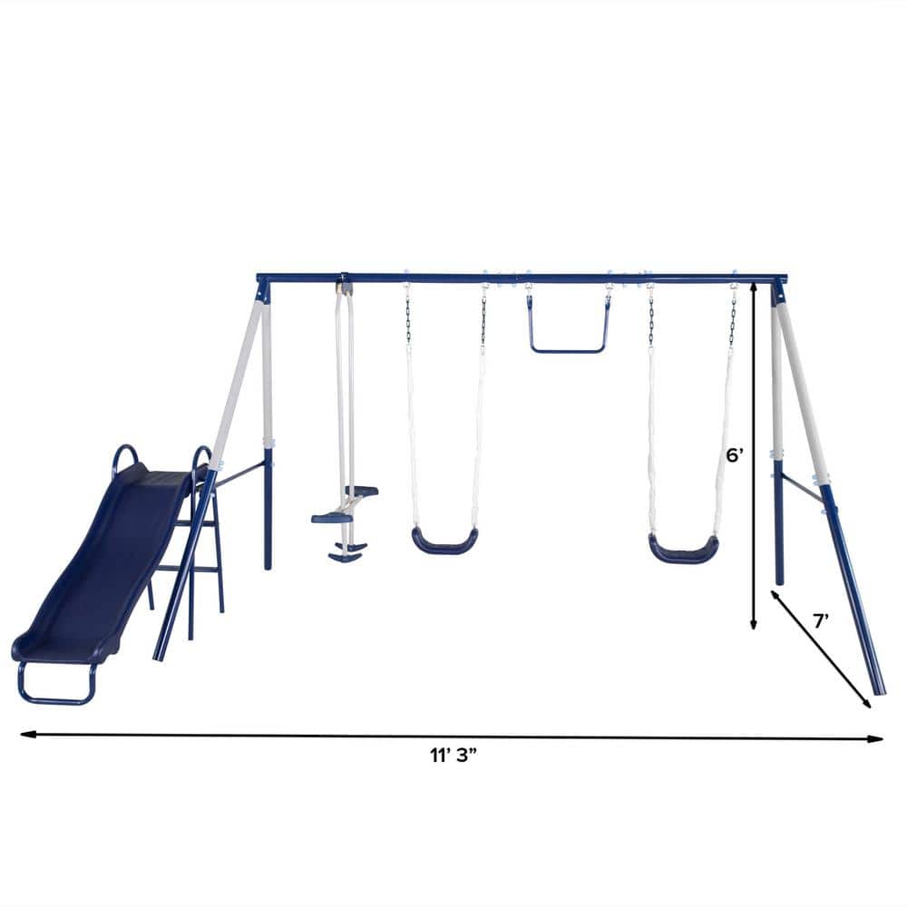 Blue Metal Swing Set with Slide and Glider