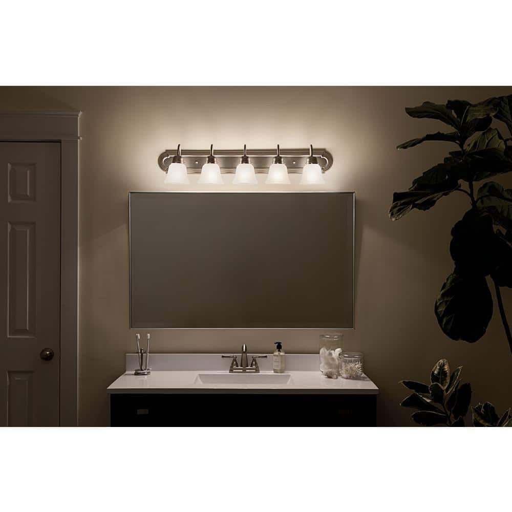 Nickel 36" 5-Light Vanity Bath Light with White Bell Shades