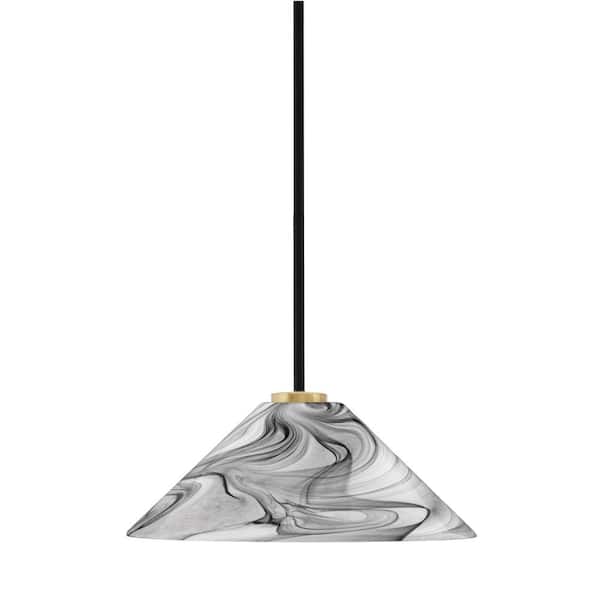Unbranded Elonia 100-Watt 1 Light Matte Black & New Aged Brass Stem Mini Pendant Light with 16 in. Onyx Swirl Glass Shade