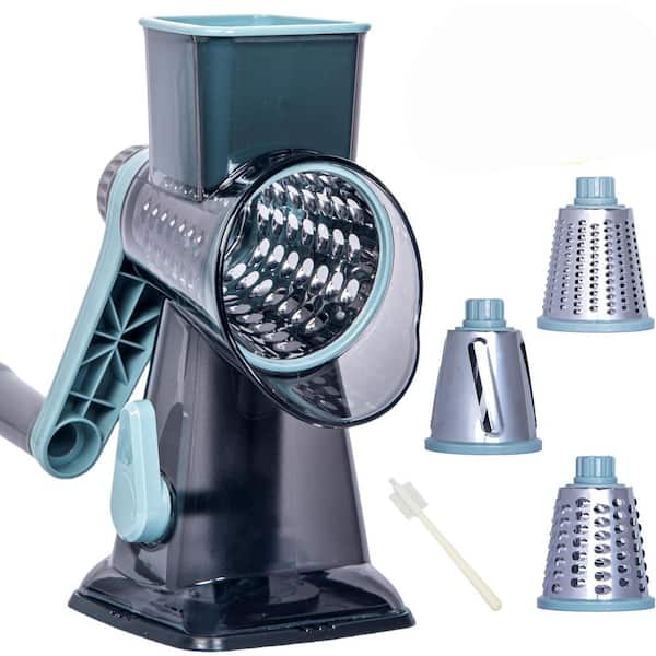 Blue Rotary Cheese Grater Handheld Kitchen Vegetable Slicer with 3 Stainless Steel Drum Blades, Easy to Clean