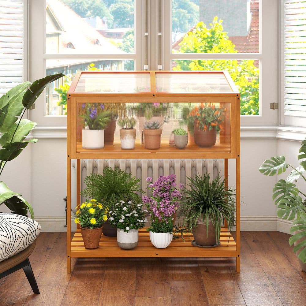Wood Cold Frame Greenhouse w/Transparent Openable Roof & Slatted Storage Shelf Decorative Box price history on PriceWatchPro