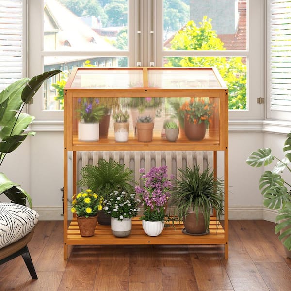 Wood Cold Frame Greenhouse w/Transparent Openable Roof & Slatted Storage Shelf Decorative Box