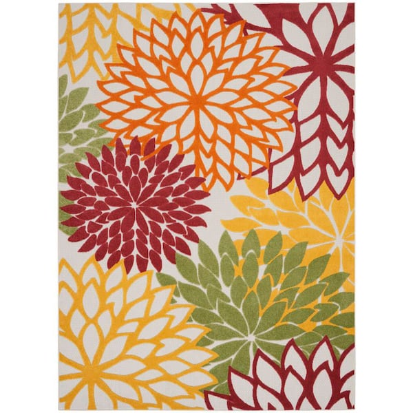 Aloha Red Multi Colored 9 ft. x 12 ft. Floral Contemporary Indoor/Outdoor Patio Area Rug