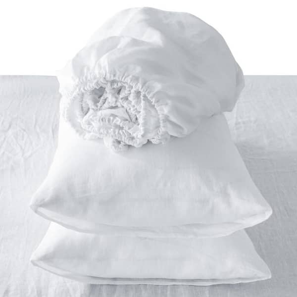 4-Piece White Solid Color Linen King Sheet Set