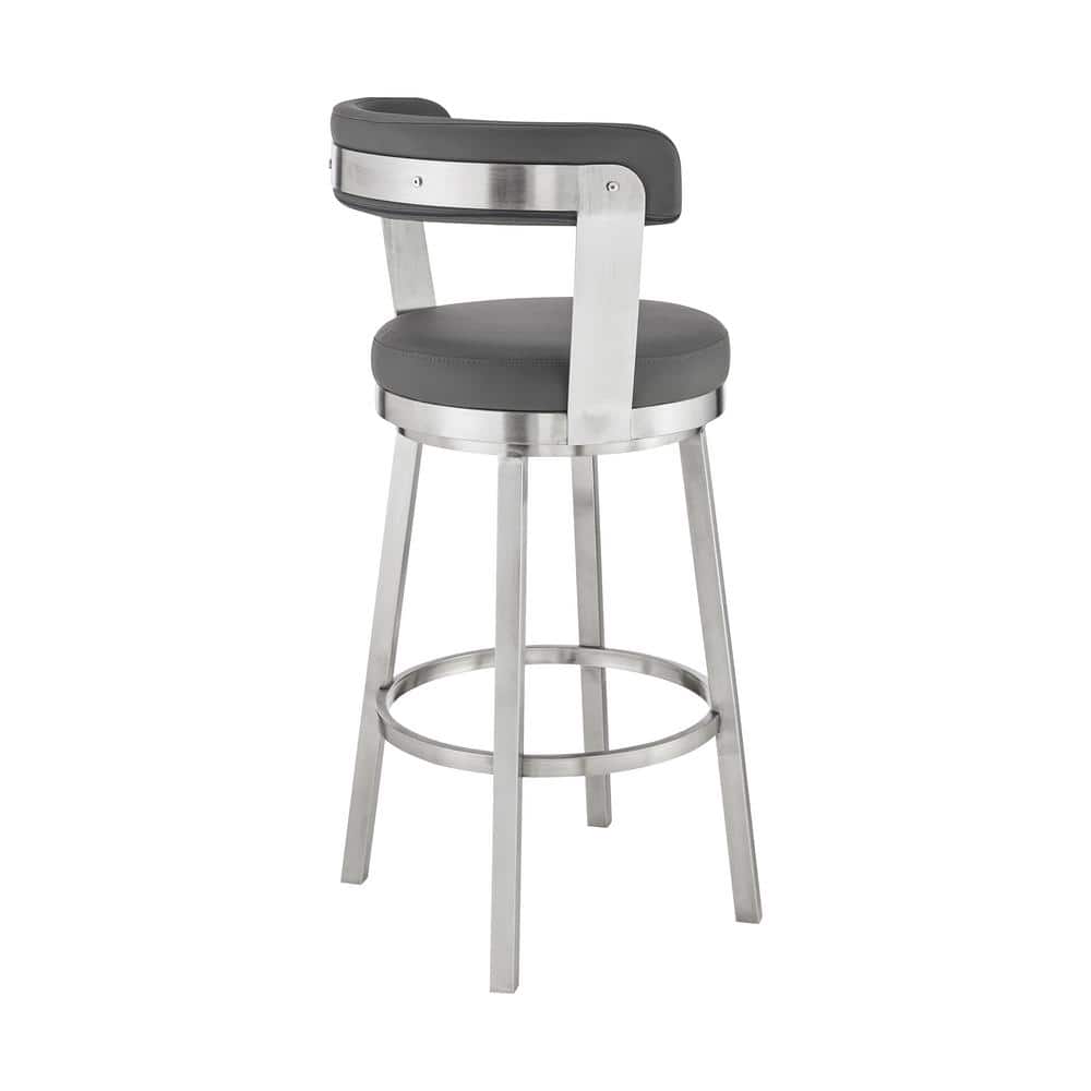 Gray Faux Leather Swivel Counter Stool with Brushed Stainless Steel