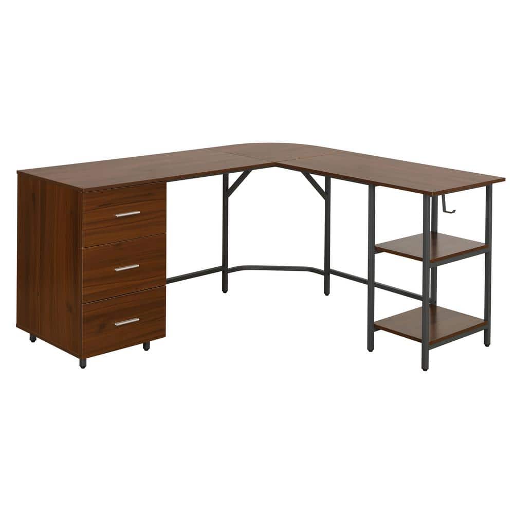 Rustic Walnut Wood Corner Gaming Desk with Drawer Storage