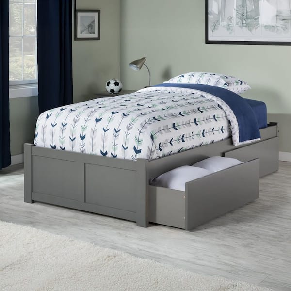 Concord Twin Platform Bed with Flat Panel Foot Board and 2 Urban Bed Drawers in Grey