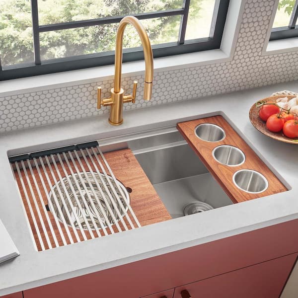 Dual Tier 36 in. Undermount Single Bowl 16-Gauge Stainless Steel Two-Tiered Workstation Kitchen Sink with Accessories