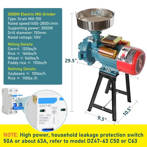 BOZTIY Grain Mill Electric Grain Grinder 3000W Commercial Corn Grinder Machine 80 Grids Grinding Diameter with Funne K16DDMFJHD01