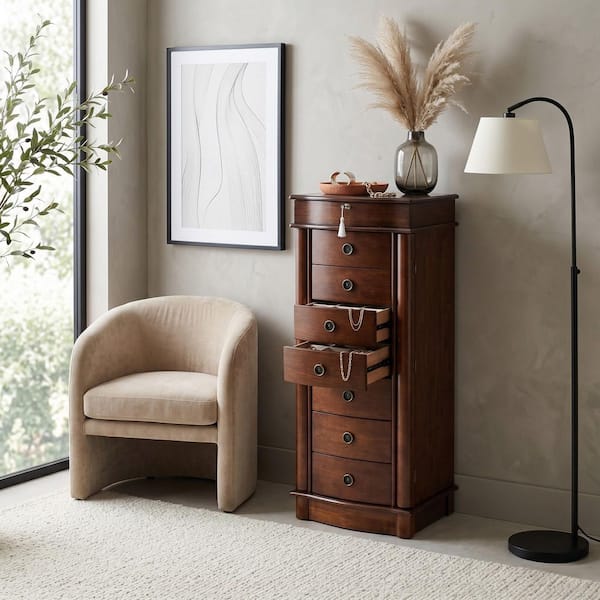 Nora Walnut Wood Locking 15.5 in. W Jewelry Armoire with 7-Drawers