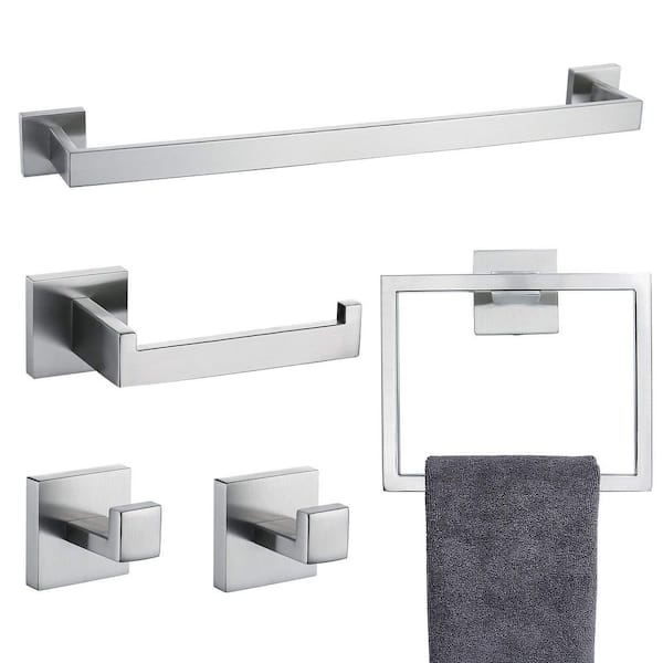 Tahanbath 5-Pieces Bath Hardware Set Stainless Steel Towel Bar Set Wall Mounted in Brushed Nickel