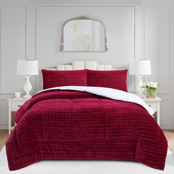 ME542 Burgundy Bubble Queen Size Polyester Flannel Sherpa Comforter Set