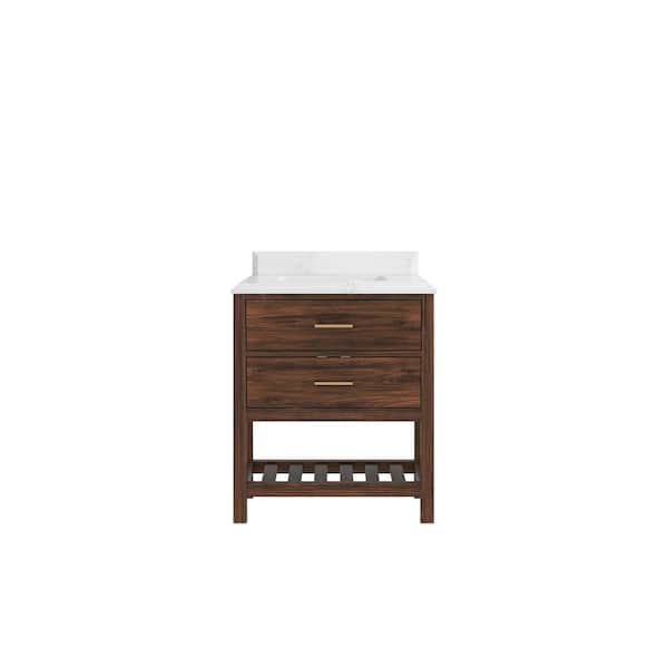 Willow Collections Parket Teak 30 in. W x 22 in. D x 36 in. H Single Sink Bath Vanity in Dark Walnut with 1.5" Empira White Qt. Top