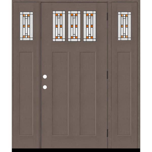 Steves & Sons Regency 68 in. x 80 in. 3Lite Amberton Deco Glass LHOS Ashwood Stain Fir Fiberglass Prehung Front Door w/Dbl 14in.SL