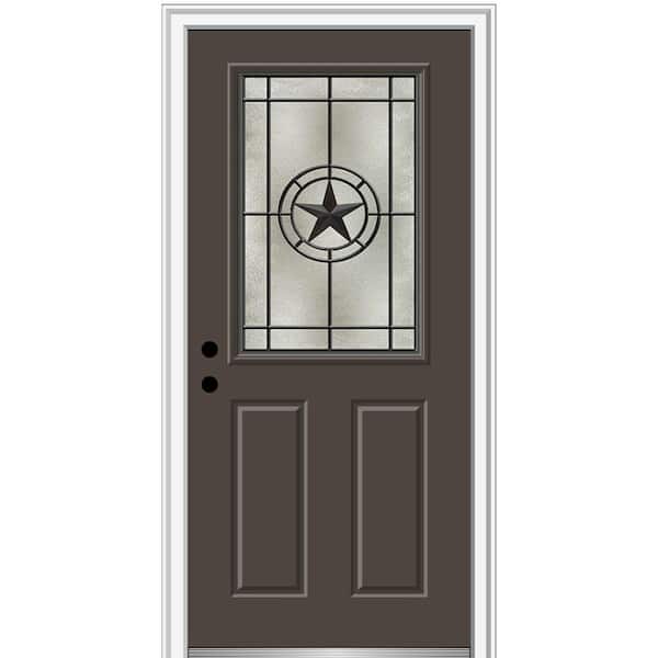 MMI DOOR Elegant Star 32 in. x 80 in. 2-Panel Right-Hand 1/2 Lite Decorative Glass Brown Painted Fiberglass Prehung Front Door