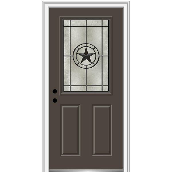 MMI Door Elegant Star 36 in. x 80 in. 2-Panel Right-Hand 1/2 Lite Decorative Glass Brown Painted Fiberglass Prehung Front Door