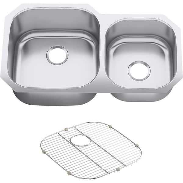KOHLER Undertone Preserve Undermount Scratch-Resistant Stainless Steel 35 in. Offset Double Bowl Kitchen Sink with Basin Rack