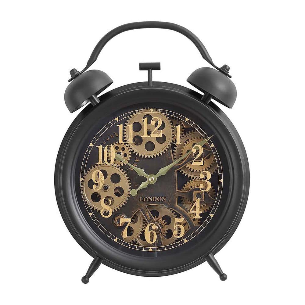 12 in. Round Table Clock, Gear Mechanism Vintage Design Brown Finish,Non-Ti