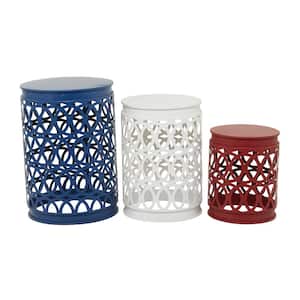16 in. Multi Colored Indoor Outdoor Nesting Large Round Iron End Accent Table with Carved Trellis Design (3- Pieces)