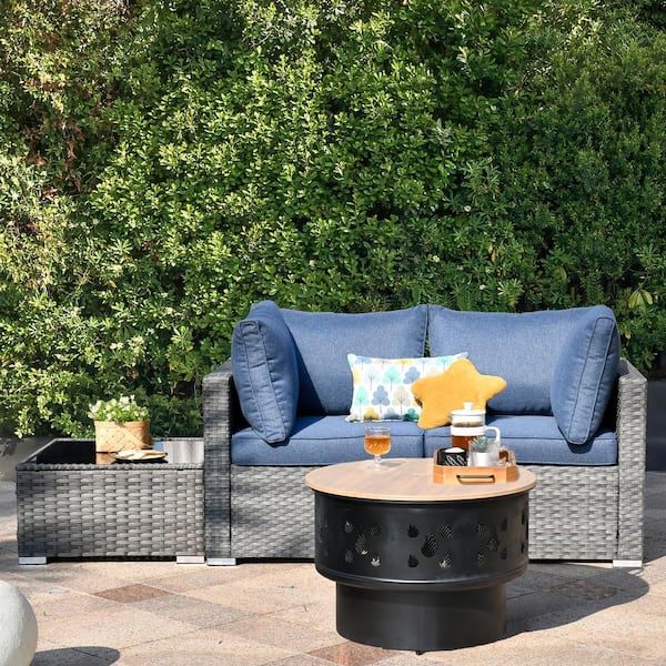 Sanibel Gray 4-Piece Wicker Outdoor Patio Conversation Sofa Set with a Wood-Burning Fire Pit and Denim Blue Cushions